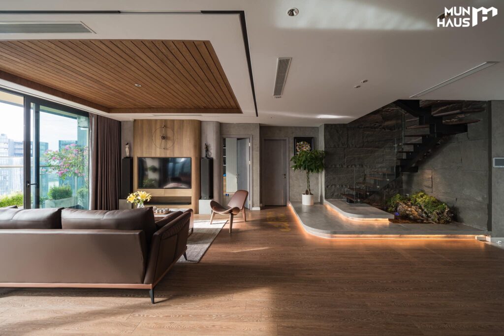 Thiết kế phòng khách hiện đại cho căn hộ duplex