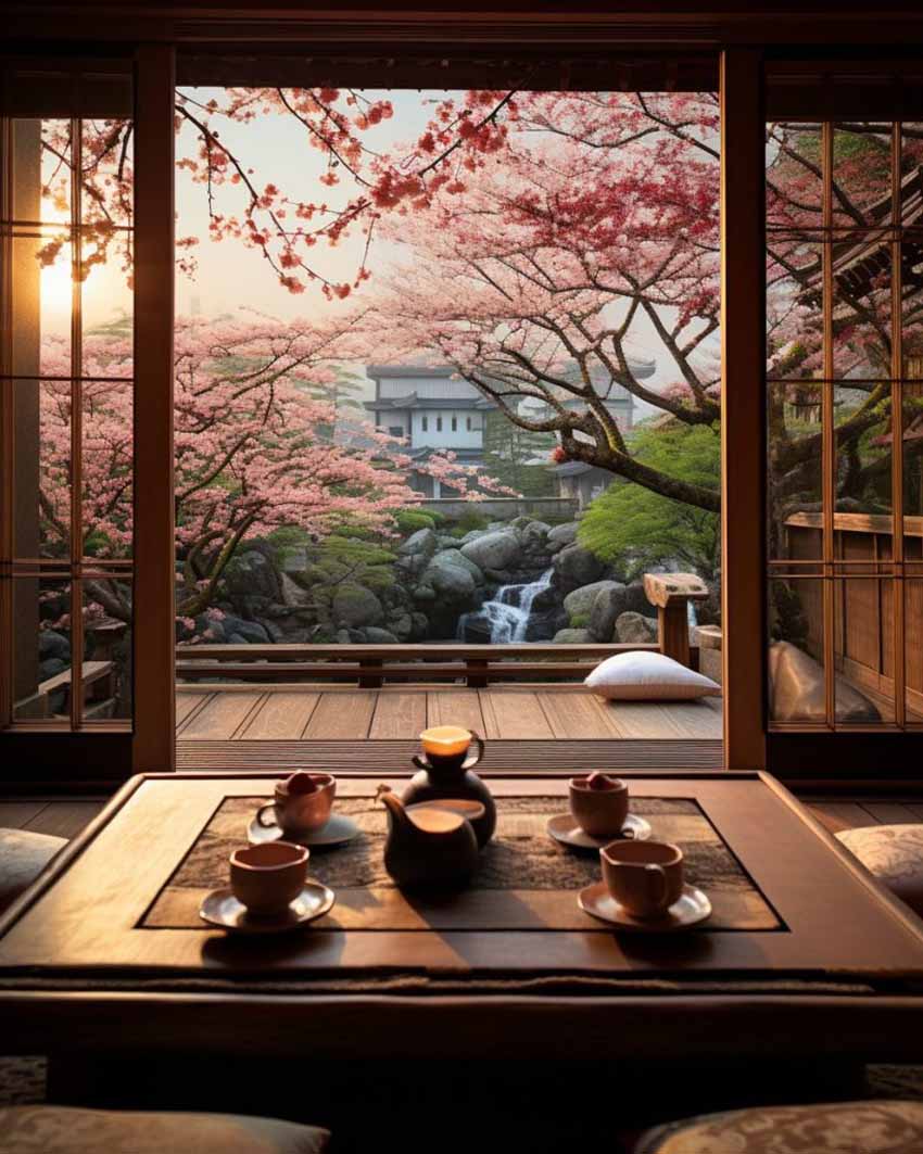 Thư giãn với bàn trà ngắm nhìn sân vườn Nhật Bản